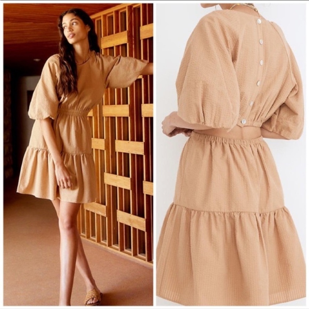 Madewell Women's Seersucker Puff-Sleeve Cutout Mini Dress in Seed Khaki